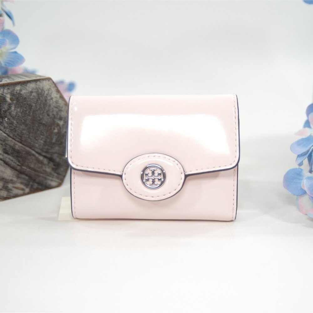 Tory Burch Pink Lily Robinson Spazzolato Leather Compact Small Wallet NWT